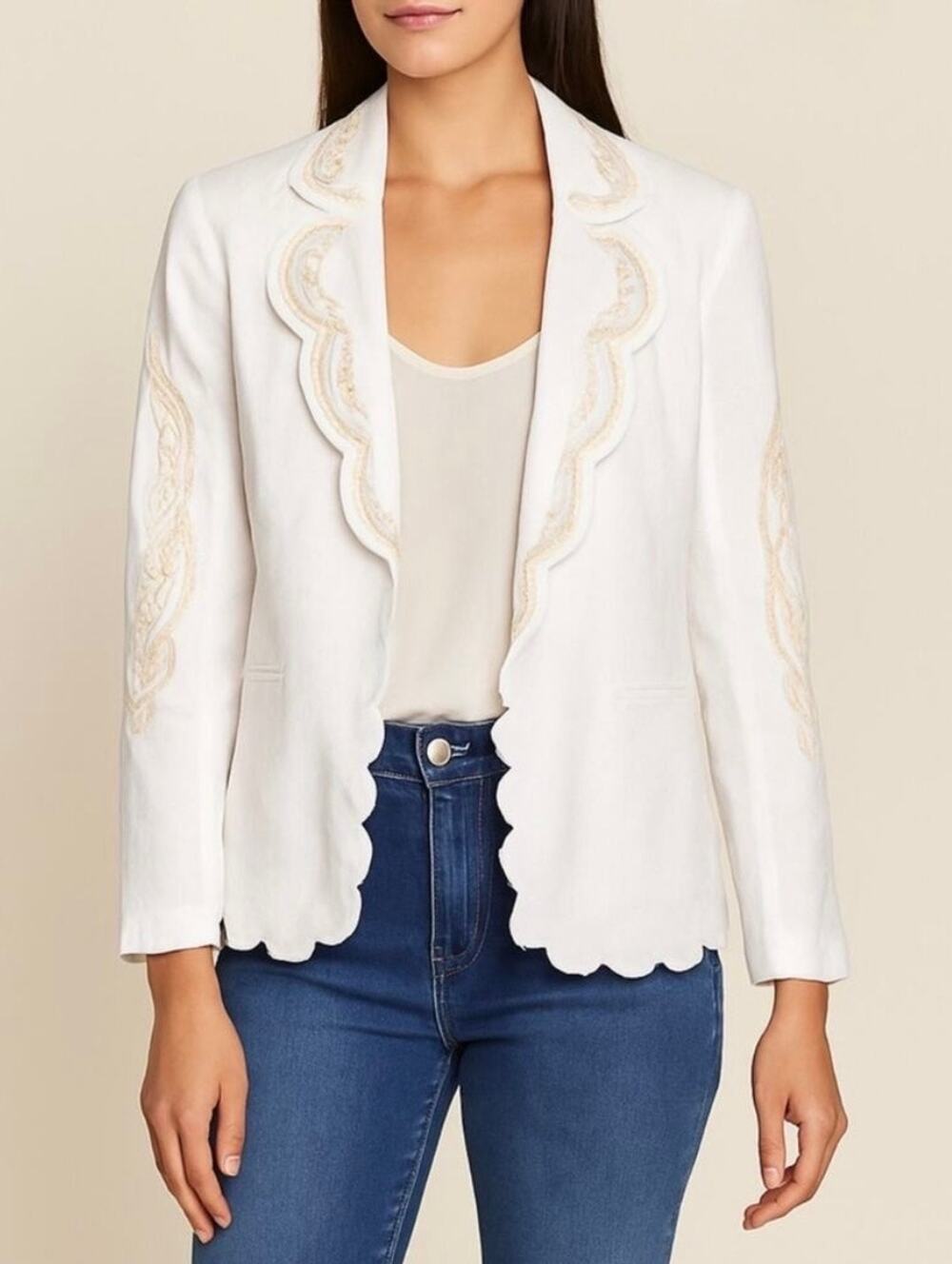 NWT Joie Linen Blend Embroidered Scallop Edge Blazer Jacket Small Ivory White